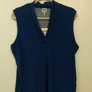 Anne Klein V-Neck Sleeveless Printed Blouse Blue Black Polka Dot Size L (A)